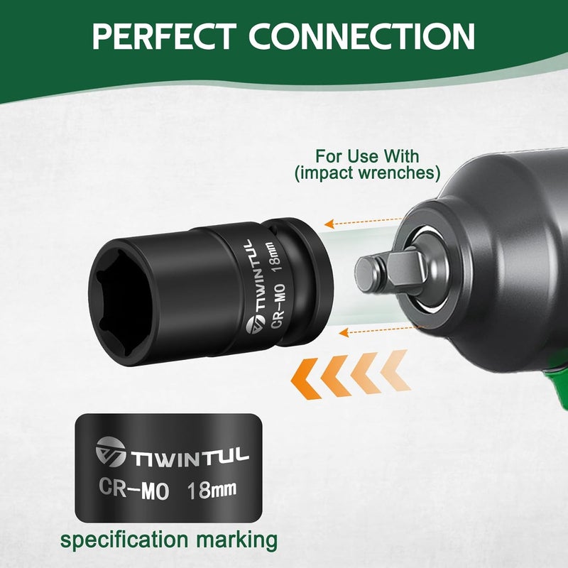 TIWINTUL 18mm Shallow Impact Socket 1/2 Inch Drive, CR-MO Steel Impact Socket, 6 Point Design, 1.5" Length, Metric Size Socket for Automotive, Motorcycle Maintenance and Light Industrial Repairs - Image 5
